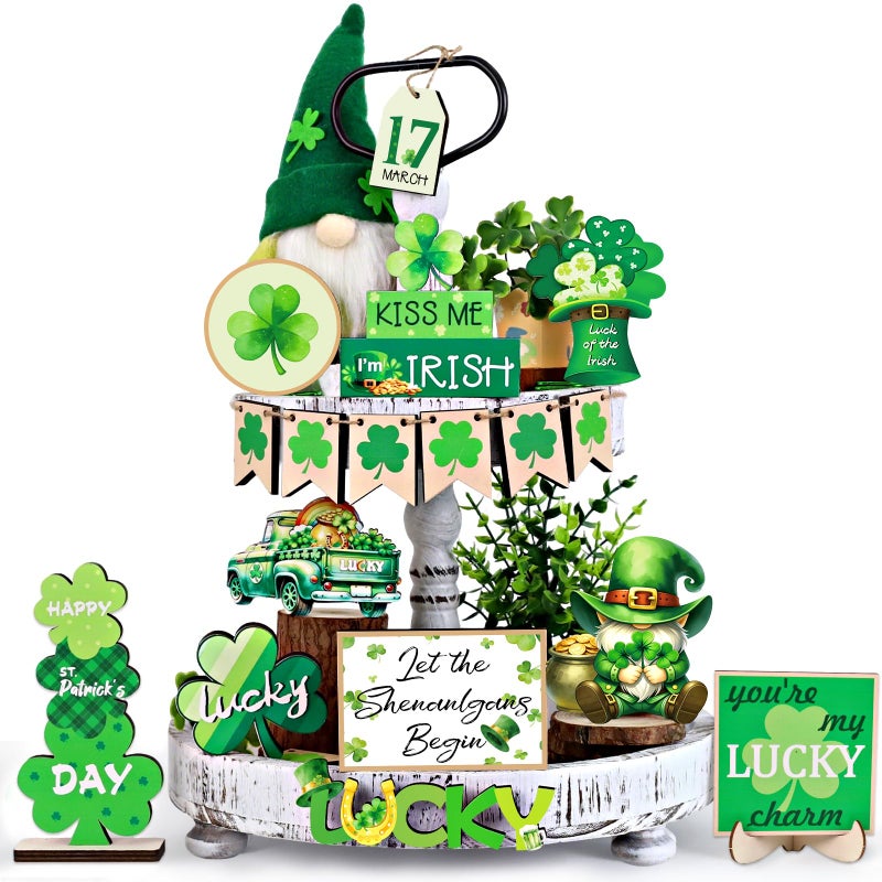 FINDRICH St Patricks Day Decor 22 PCS St Patricks Day Tiered Tray Decor SetSt Patricks Day Decorations for Table with Gnome Shamrock Wooden Signs Irish Decorations Farmhouse Kitchen Centerpiece Home Decor - Image 2