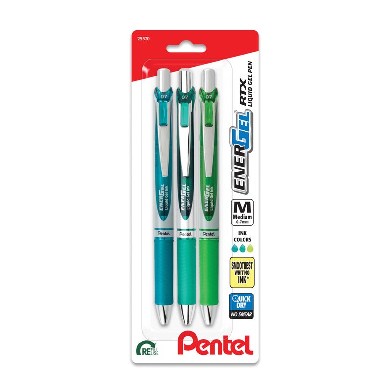 Pentel قلم جل سائل قابل للسحب من بنتل إينرجل، 0.7 مم، لون هادئ، تركواز، أخضر، وحبر أخضر ليموني، عبوة من 3 أقلام (BL77CHIBP3M) - Image 1