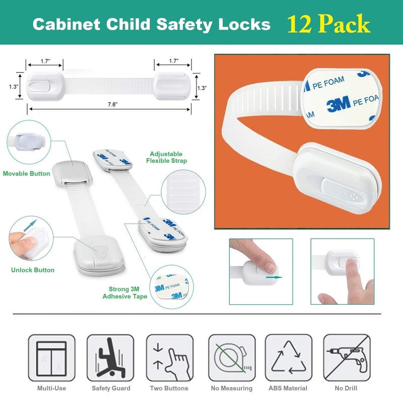 OKEFAN Child Safety Cabinet Strap Locks - OKEFAN 12 Pack Baby Proofing Adhesive Latches for Kids Drawer Cupboard Dishwasher Fridge Oven Door No Drill (White) - Image 2