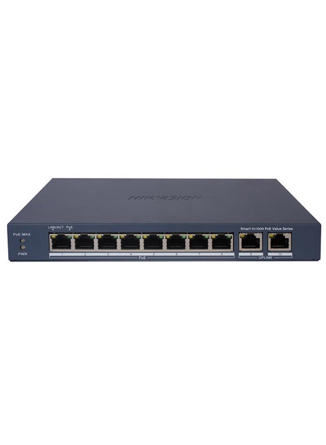 DS-3E1310P-EI/M مفتاح PoE ذكي بسرعة 8 منافذ إيثرنت، 2 × منافذ جيجابت، ميزانية طاقة PoE 60 واط، حماية من الارتفاعات الكهربائية 6 كيلوفولت، IEEE 802.3af/at، مدى PoE طويل 300 متر، VLAN 802.1Q، منع حلقة STP/RSTP، مراقب PoE، عزل المنافذ، سعة تبديل 9.6 جيجابت في الثانية، غلاف معدني، مثبت على المكتب/الجدار، معتمد من CE و RoHS