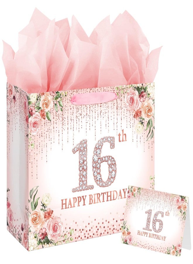 Laidans Sweet 16th Happy Birthday Gift Bag with Tissue Paper and Card for Girls Kids Birthday Party (Rose Gold) - Image 1