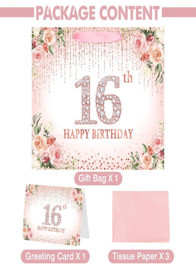 Laidans Sweet 16th Happy Birthday Gift Bag with Tissue Paper and Card for Girls Kids Birthday Party (Rose Gold) - Image 3