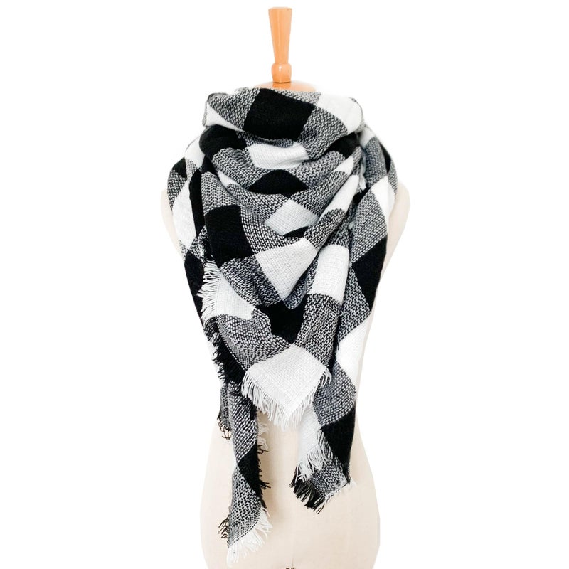 Wander Agio Womens Warm Scarf Triangle Shawls Large Scarves Stripe Small Plaid Fichu Black White 35 - Image 3