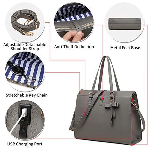 Keyli Laptop Bag for Women Large Tote Bag Waterproof Leather Work Laptop Briefcase with Built-in USB Charging Port Computer Shoulder Bags Fits 15.6 Inch, Business Handbag Purse 4pcs Set Gray - Image 5