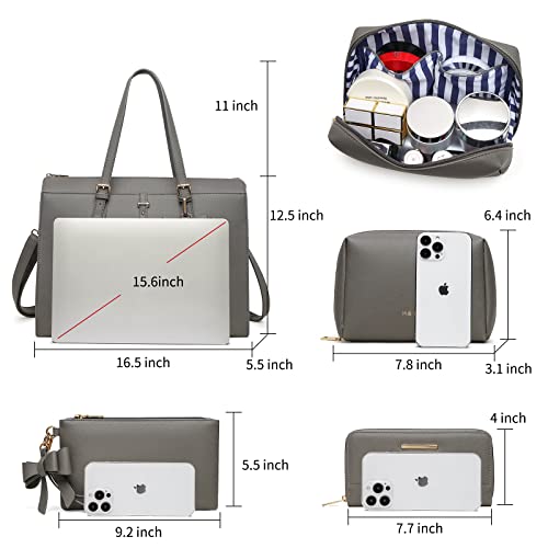 Keyli Laptop Bag for Women Large Tote Bag Waterproof Leather Work Laptop Briefcase with Built-in USB Charging Port Computer Shoulder Bags Fits 15.6 Inch, Business Handbag Purse 4pcs Set Gray - Image 3