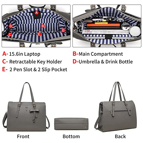 Keyli Laptop Bag for Women Large Tote Bag Waterproof Leather Work Laptop Briefcase with Built-in USB Charging Port Computer Shoulder Bags Fits 15.6 Inch, Business Handbag Purse 4pcs Set Gray - Image 4