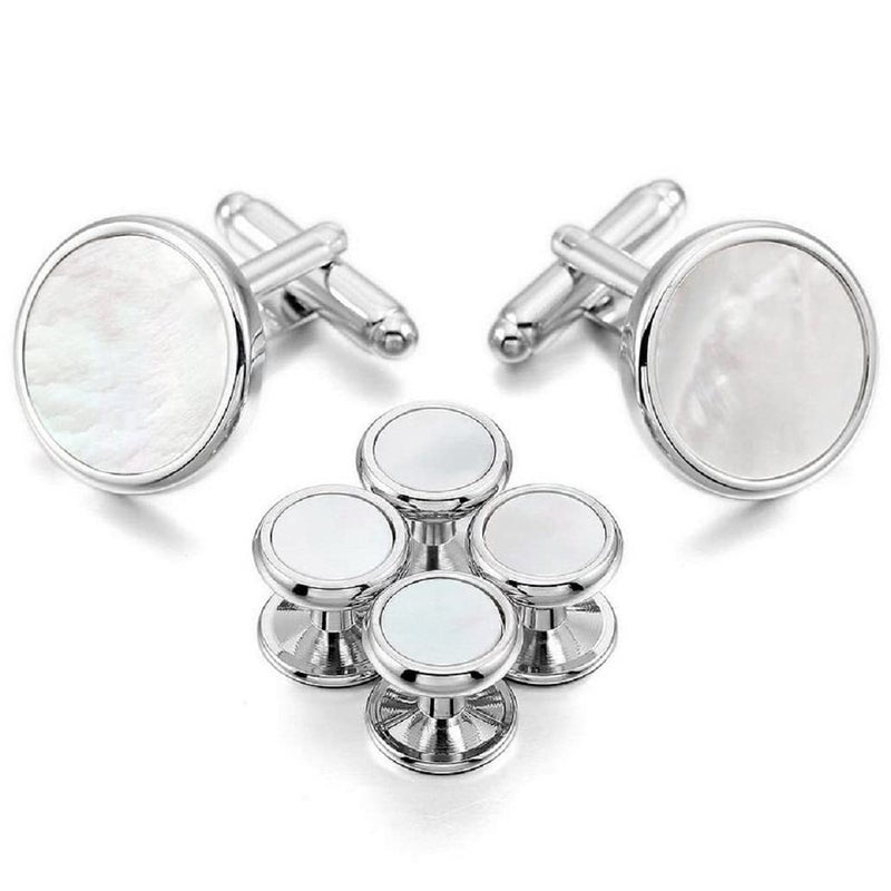 Cuff-Daddy Mens Silver and White Mother of Pearl Tuxedo Cufflinks Studs Formal Set with Travel Presentation Box - Image 1