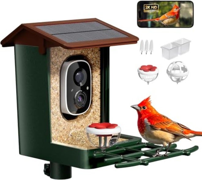 HEAPETS Smart Bird Feeder with Camera Solar Powered, 2K HD Video, AI Bird Species Identification, Instant Arrival Alerts, Weatherproof Design for Effortless Birdwatching, Best Gift for Bird Lovers, Red