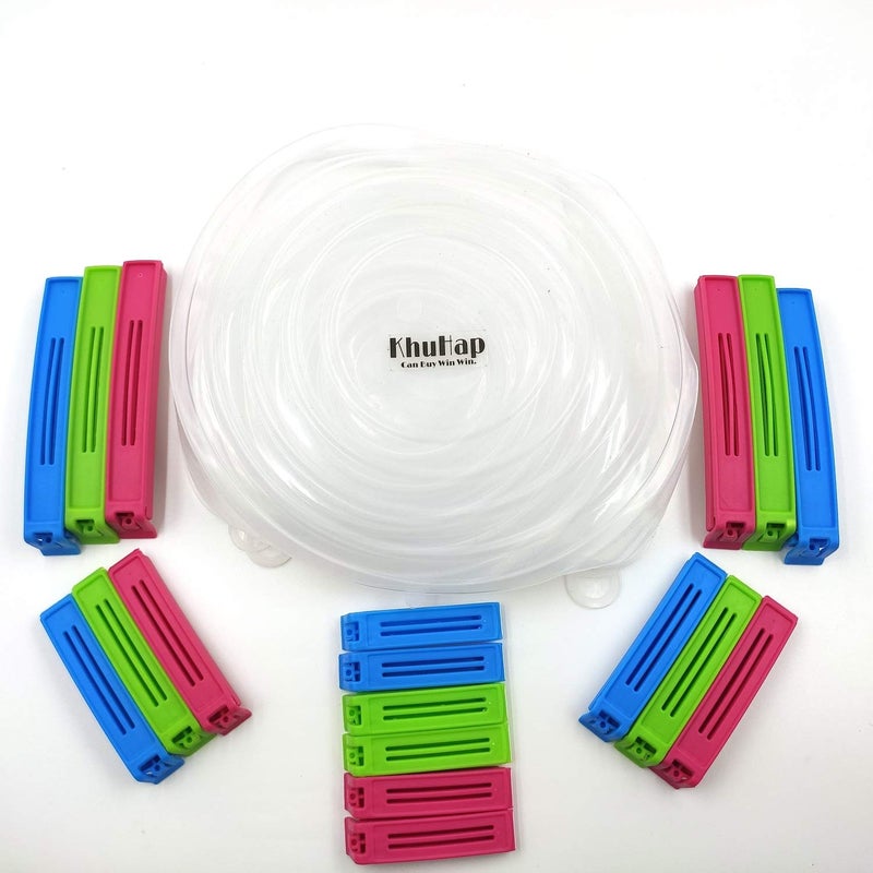 PallRin Combo Plastic Sealing Bag Clips Set of 18 Sealer Multicolor Silicone Reusable Stretchable Lid Cover for container Bowls Bottle food Glass Cup Transparent 6 PC  - Image 2