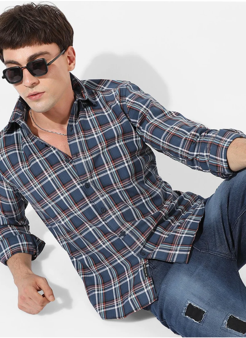 Campus Sutra Men's Blue Checkered Regular Fit Casual Shirt