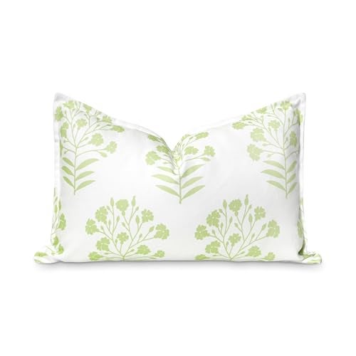 Hofdeco Premium Coastal Patio Indoor Outdoor Lumbar Pillow Cover Only 12x20 Water Repellent for Backyard Couch Green Print Floral - Image 1