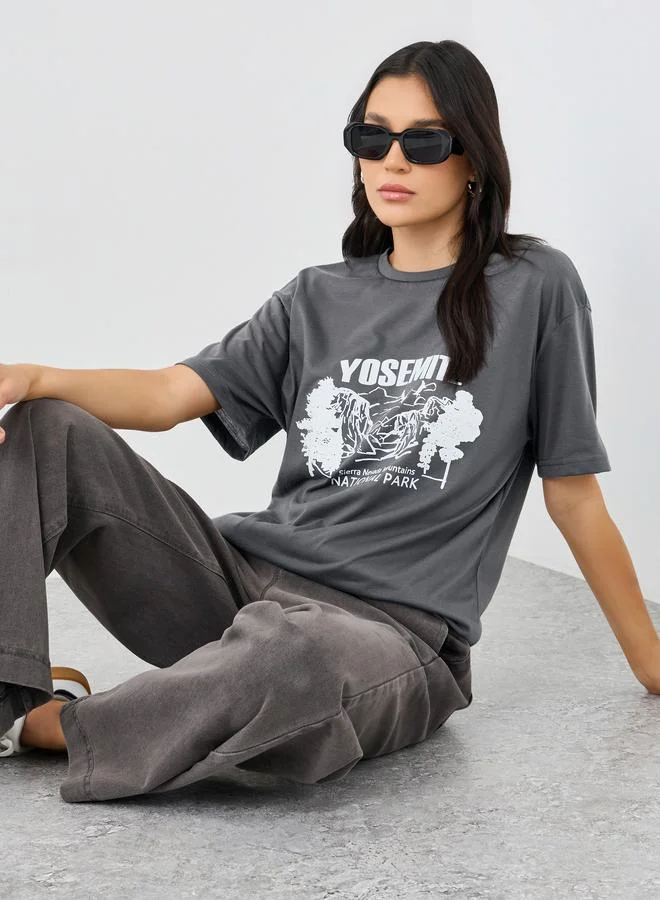 Styli Styli Women Grey Yosemite Graphic Oversized T-Shirt