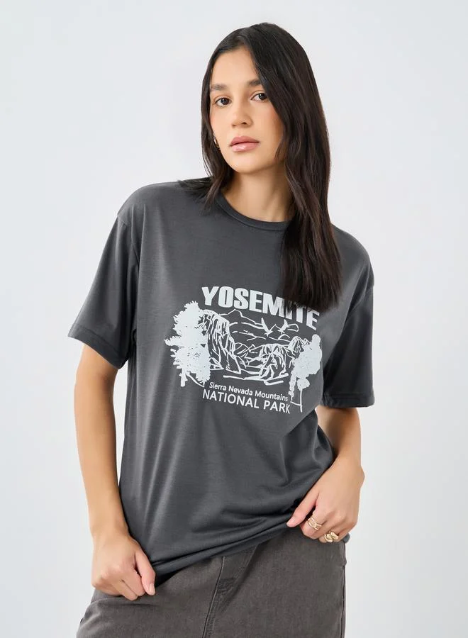 Styli Styli Women Grey Yosemite Graphic Oversized T-Shirt