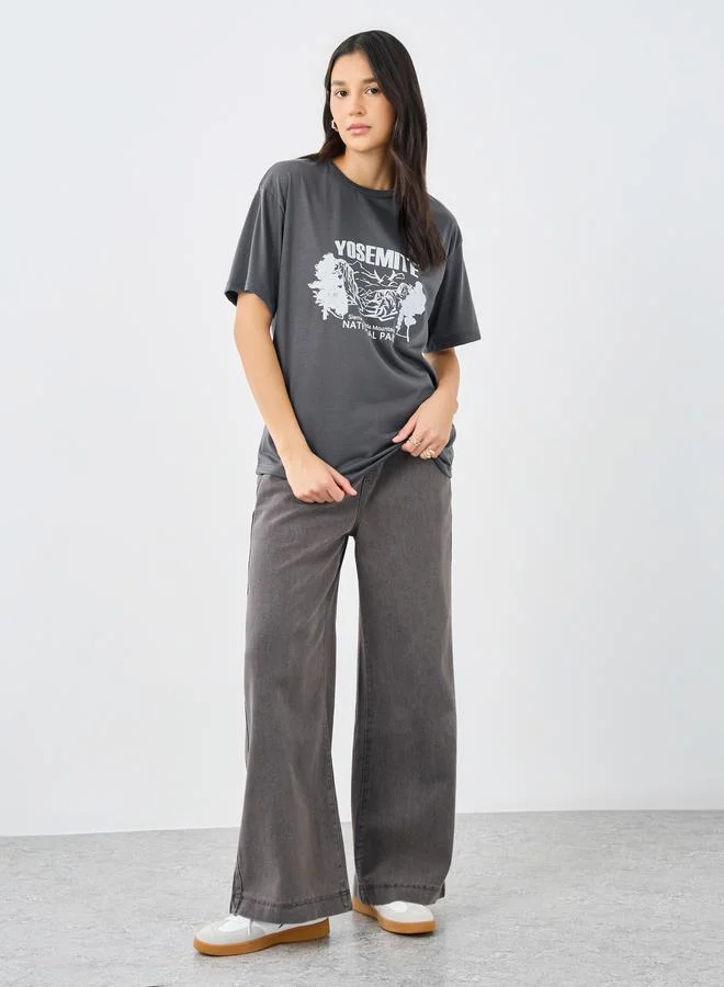 Styli Women Grey Yosemite Graphic Oversized T-Shirt