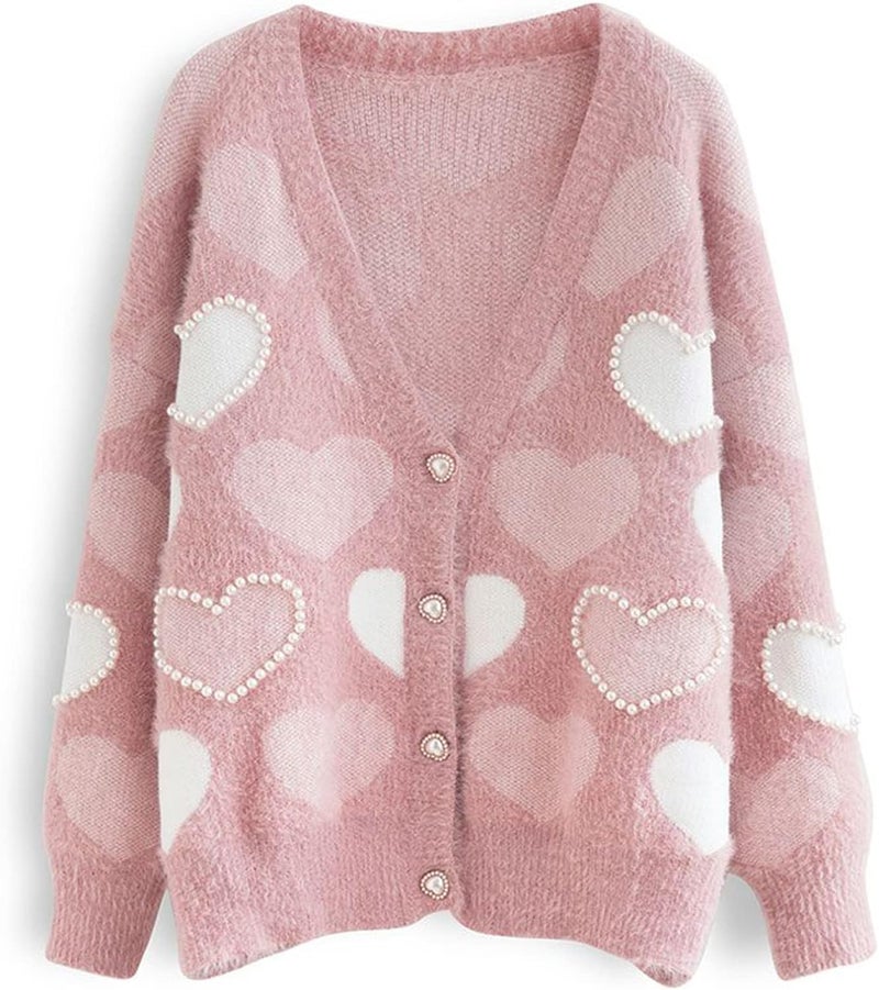 Comulish Women's Cute Heart Cardigan Sweaters Love Print Valentin's Day Sweater Button Up Front Oversized Knit Top (Pearl Pink, XL) - Image 1