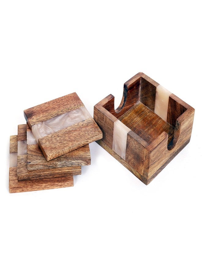 hlc Wooden Coasters Set, Bone Inlay Coaster, Authentic Designer Home Decor Set (4 pc Set, with Holder) (Pearl White with Brown) - Image 5