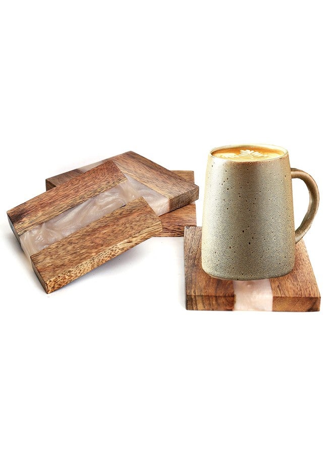 hlc Wooden Coasters Set, Bone Inlay Coaster, Authentic Designer Home Decor Set (4 pc Set, with Holder) (Pearl White with Brown) - Image 2