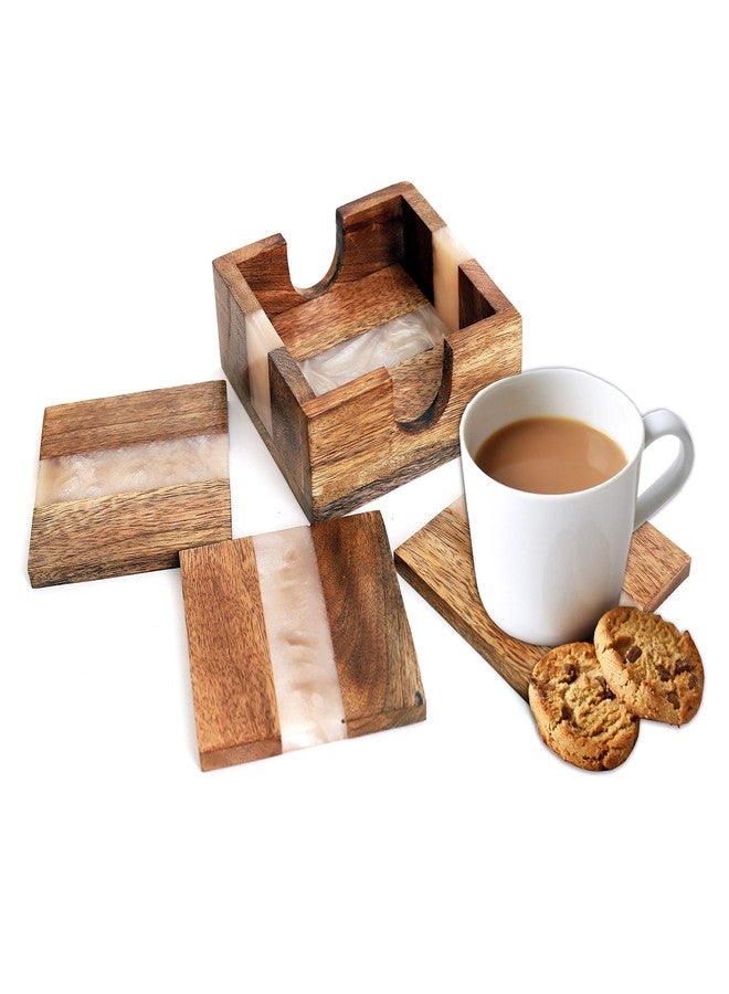 hlc Wooden Coasters Set, Bone Inlay Coaster, Authentic Designer Home Decor Set (4 pc Set, with Holder) (Pearl White with Brown) - Image 1