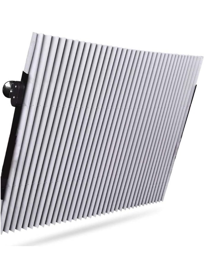 Generic Foldable car sunshade to protect your windshield from sunlight and heat. Blocks 99% of UV rays to keep your car cool. Fits front windows of various models with adhesive base. Length: 46. Flexible, extendable design with high stability and easy to use and install. - Image 1