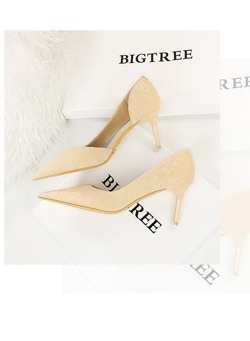 BIGTREE 7.5cm European And American Fashion Slimming Side Hollow-Out Heels With Thin Cloth Shallow Mouth Pointed Beige  - Image 2