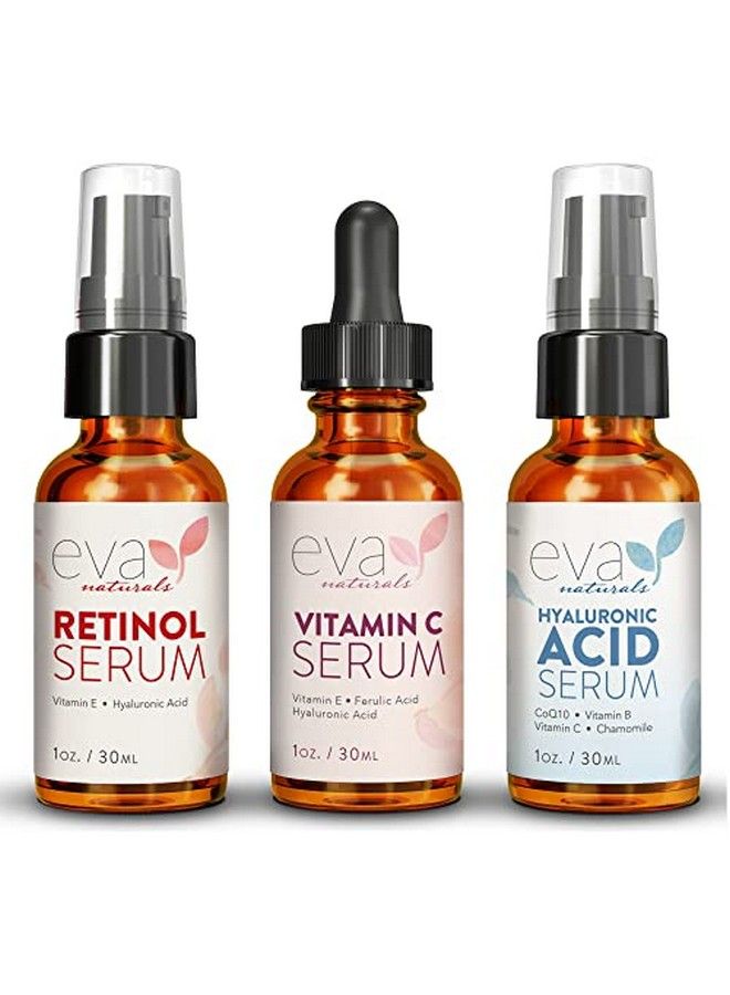 Eva Naturals Antiaging Serum Bundle Vitamin C Serum Hyaluronic Acid Serum And Retinol Serum Facial Skin Care Products Hydrate Wrinkles Lines Acid Serum Vitamin C Serum Serum For Face  - Image 1