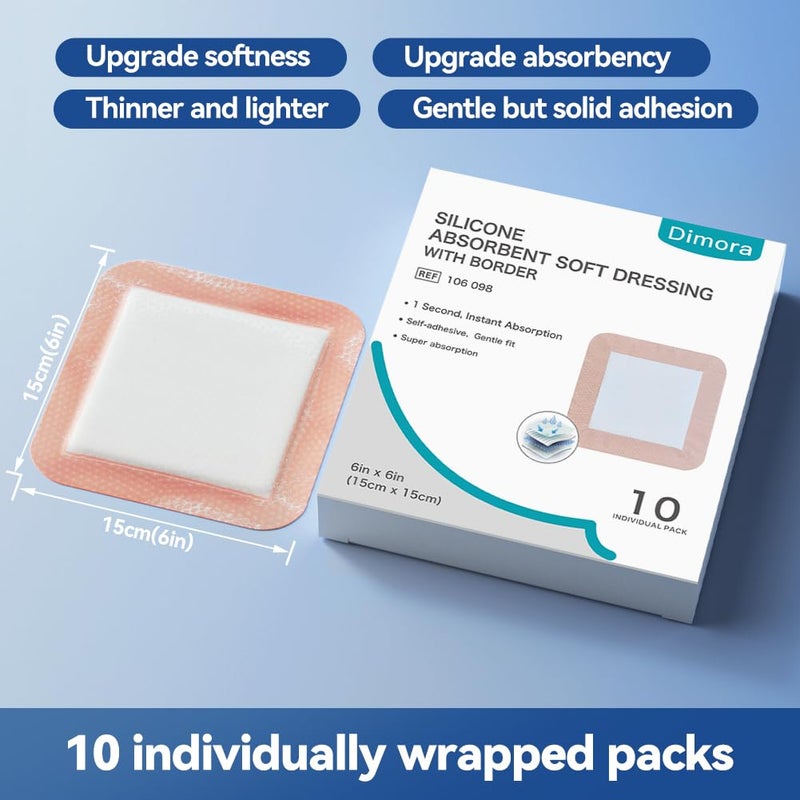 Dimora Silicone Super Absorbent Wound Dressings - Gentle Adhesive Bandages with Ultrasorb Polymer,Heavy Exudate Wound Care Pads 6"X 6" 10 Packs - Image 2