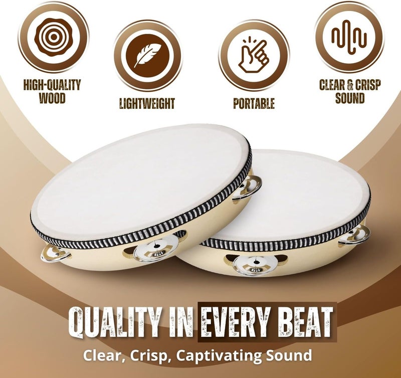 Flexzion Carefully selected material Tambourine, Hand Drum with Handle, Pack of 2, 20 cm + 15 cm Musical Ring in Moon Shape Made of Wood, Music Percussion Instrument, 1 Row Bell Ring with Metal Jingles, Drums, Beige Working day delivery service - Image 3