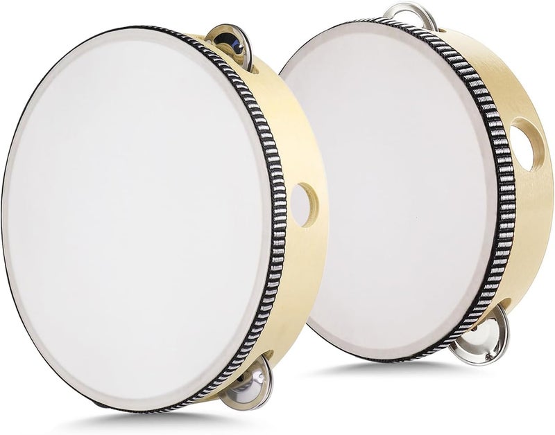 Flexzion Carefully selected material Tambourine, Hand Drum with Handle, Pack of 2, 20 cm + 15 cm Musical Ring in Moon Shape Made of Wood, Music Percussion Instrument, 1 Row Bell Ring with Metal Jingles, Drums, Beige Working day delivery service - Image 1
