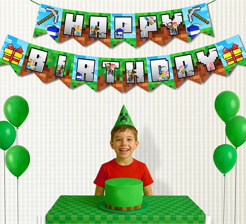 لافتة عيد ميلاد سعيد من IndoTribe مثبتة مسبقًا - 10 أقدام ديكورات عيد ميلاد لعبة فيديو Pixel Bday ديكورات خلفية عامل المنجم ديكورات عيد الميلاد Pixel ديكورات حفلات Miner Gamer - Image 4