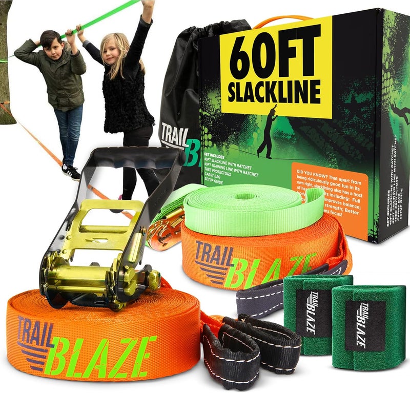 Trailblaze Complete Slackline Kit with Training Line - 60ft Slack Lines for Backyard for Kids and Adults, Wider Tree Protectors - Ninja Slackline Kit for Kids Outdoor Play Equipment - Image 1