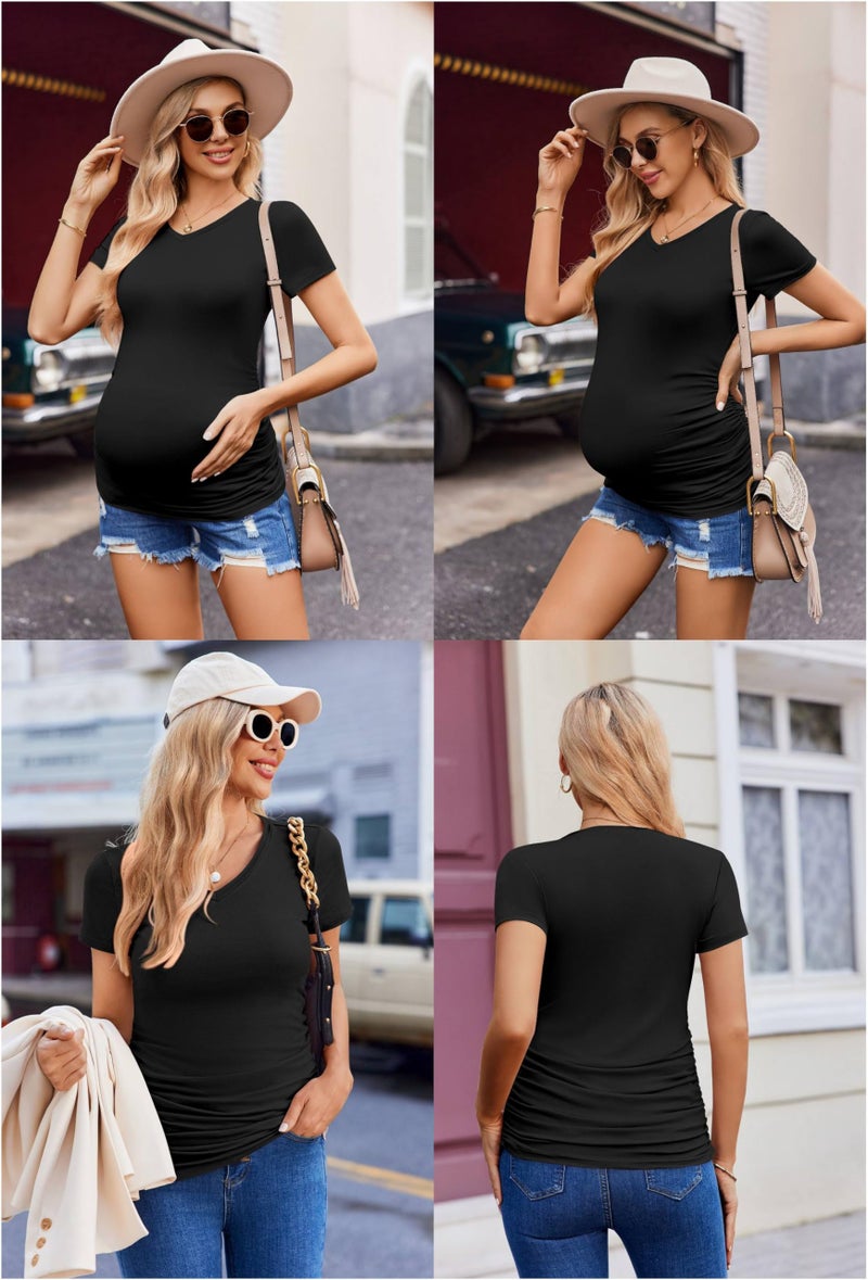 Ekouaer Womens Maternity Shirts 3 Packs V Neck Tops Tunic Pregnancy Clothes Side Ruched Short Sleeve Casual T Shirt S-XXL Black/Army Green/Dirty Pink M - Image 4