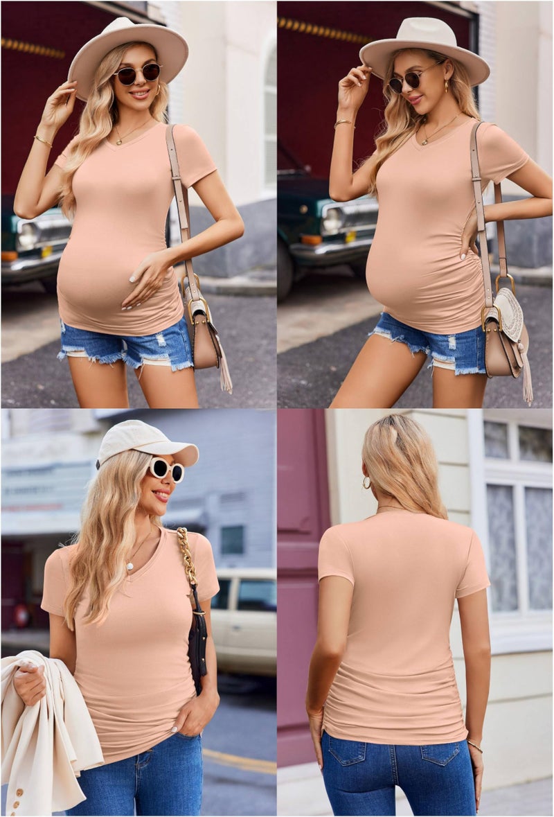 Ekouaer Womens Maternity Shirts 3 Packs V Neck Tops Tunic Pregnancy Clothes Side Ruched Short Sleeve Casual T Shirt S-XXL Black/Army Green/Dirty Pink M - Image 3