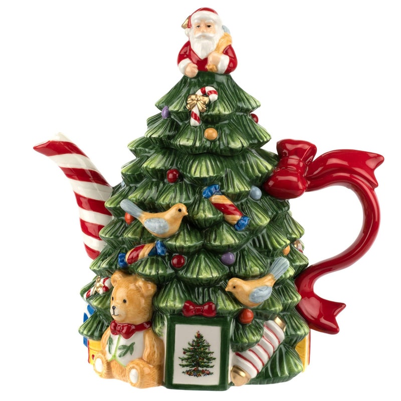 Spode Christmas Tree Figural Teapot  Festive 27 oz Christmas Teapot with Mistletoe Accents Peppermint Stripe Spout and Ribbon Handle  Decorative Dolomite Tea Pot for Holiday Tea Parties