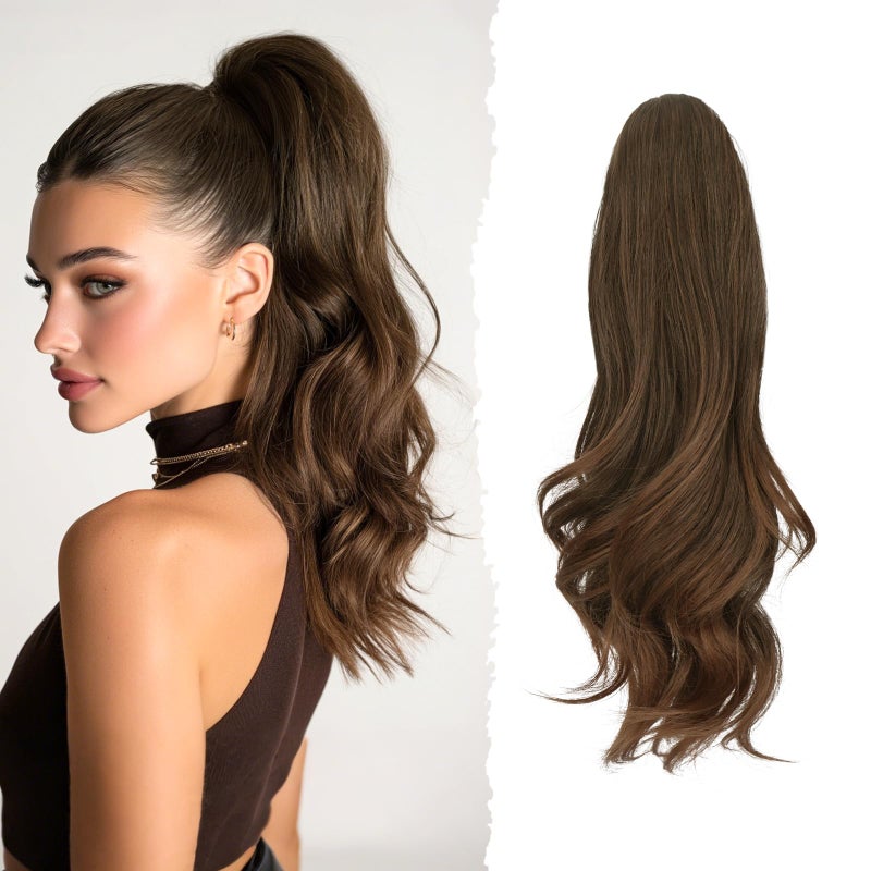 SOFEIYAN Claw Clip Ponytail Extension 16 inch Curly Wavy Clip in Hairpiece Fluffy Synthetic Fake Pony Tail Clip on Hair Extensions for Women Daily Use - Chestnut Brown Tipped with Light Auburn - Image 1