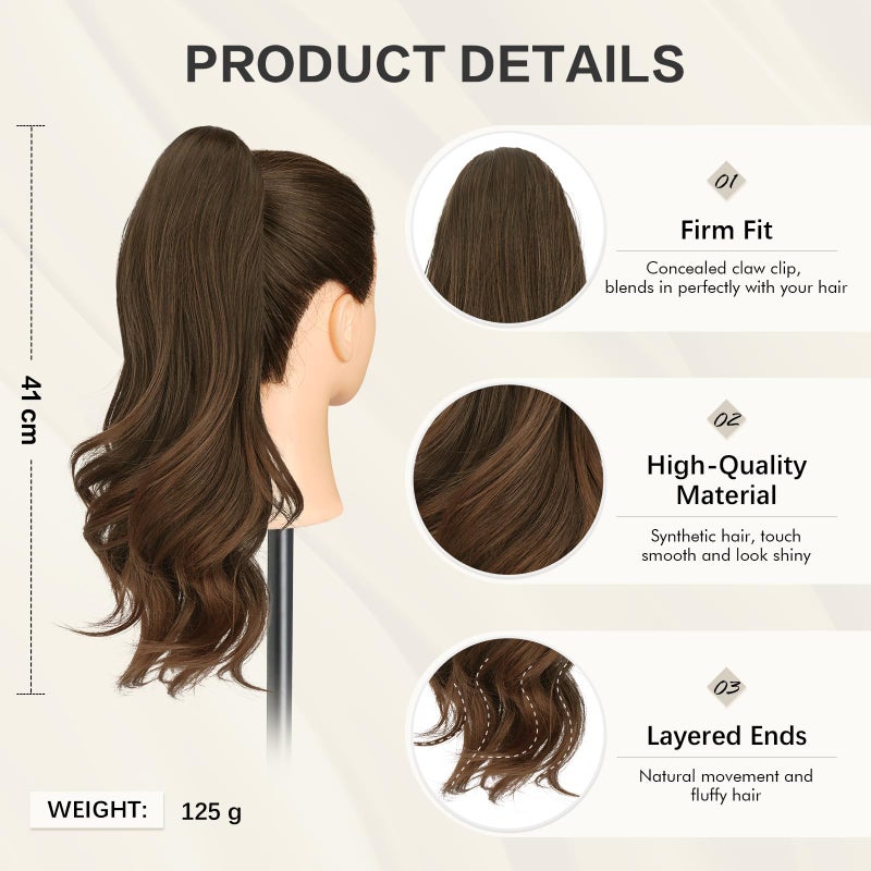 SOFEIYAN Claw Clip Ponytail Extension 16 inch Curly Wavy Clip in Hairpiece Fluffy Synthetic Fake Pony Tail Clip on Hair Extensions for Women Daily Use - Chestnut Brown Tipped with Light Auburn - Image 2