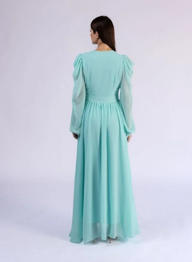 Fashonara Ruffled Draped Sleeve Crystal and Flower Belt Detail Modest Dress