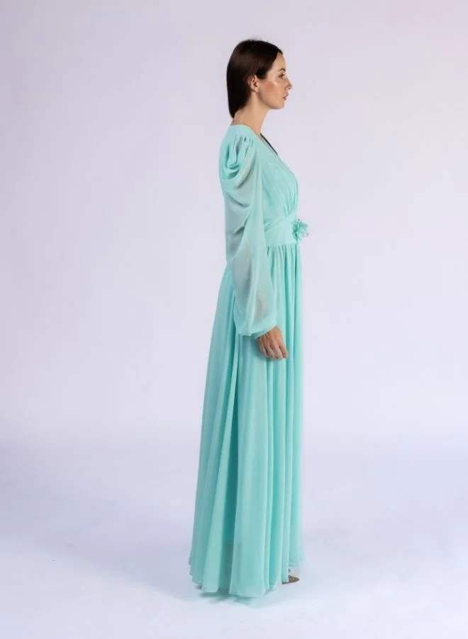Fashonara Ruffled Draped Sleeve Crystal and Flower Belt Detail Modest Dress