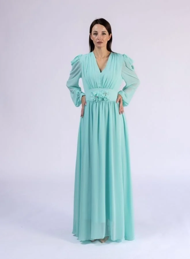 Fashonara Ruffled Draped Sleeve Crystal and Flower Belt Detail Modest Dress
