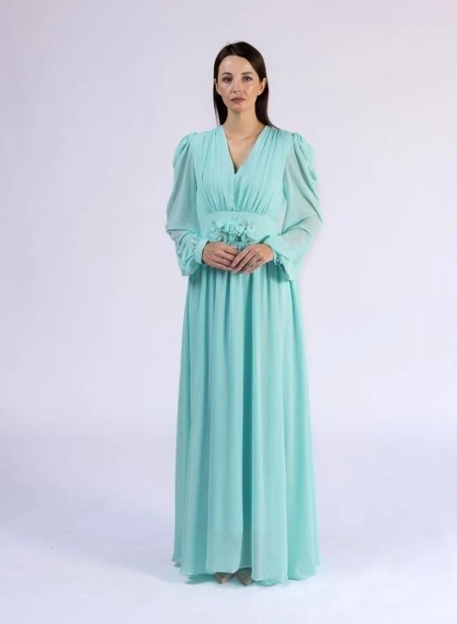Fashonara Ruffled Draped Sleeve Crystal and Flower Belt Detail Modest Dress