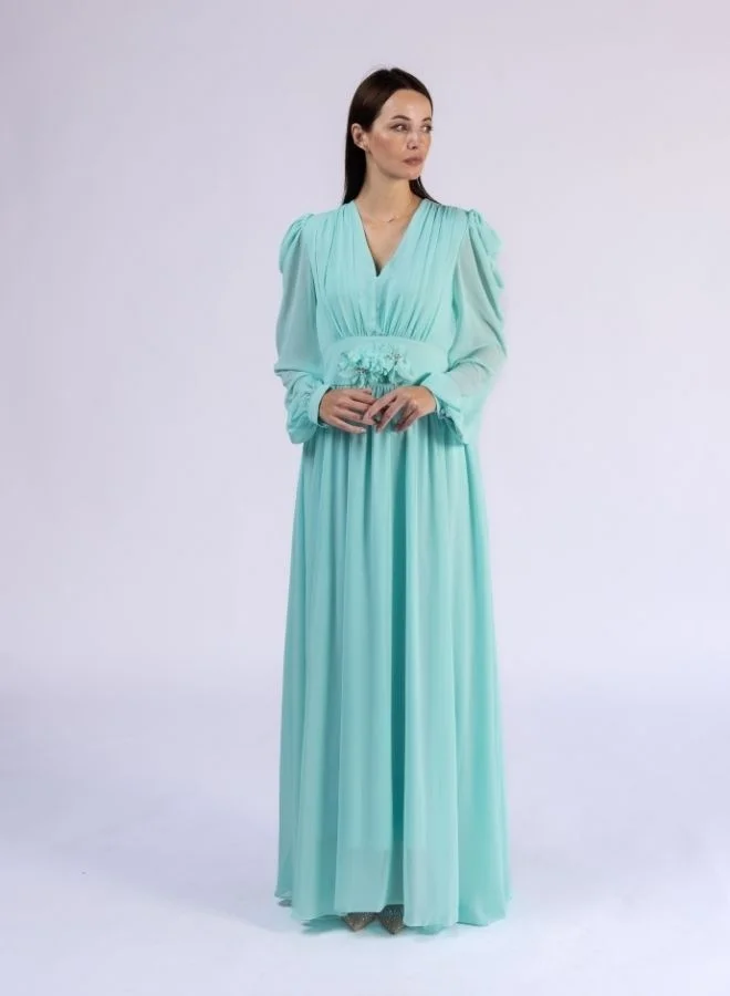 Fashonara Ruffled Draped Sleeve Crystal and Flower Belt Detail Modest Dress