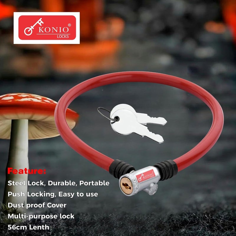 Konio Heavy Duty Steel Cable Lock Anti-Theft with 2 Keys for Helmet, Cycle, Luggage & Bicycle (Pack-2, Red). - Image 2