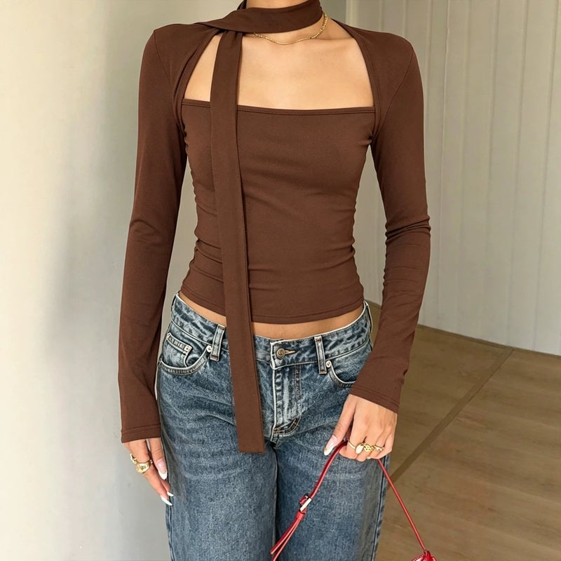 تيشرت نسائي برقبة مربعة ورباط خلفي، أكمام طويلة، بقصة ضيقة - Image 2