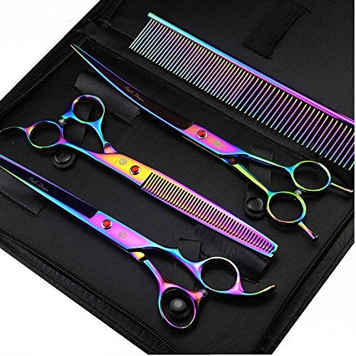 Purple Dragon 8 inch 3 in 1 Professional Pet Grooming Thinning Scissors Upward Curved Shears and Dog Hair Cutting Scissor Perfect for Pet Groomer or Family DIY Use Rainbow - Image 1