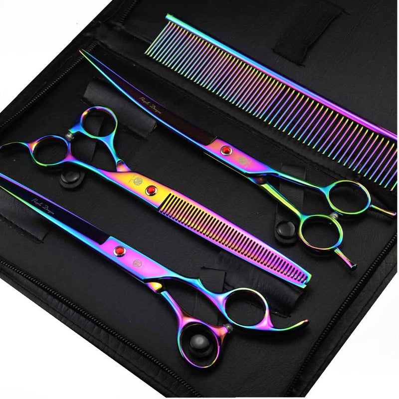 Purple Dragon 8 inch 3 in 1 Professional Pet Grooming Thinning Scissors Upward Curved Shears and Dog Hair Cutting Scissor Perfect for Pet Groomer or Family DIY Use Rainbow - Image 2