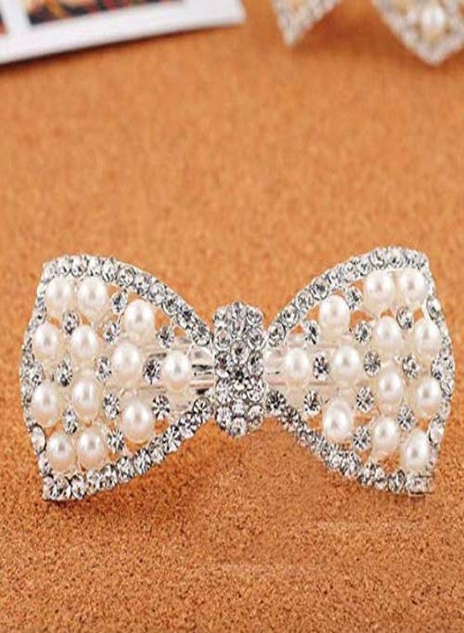 DNHCLL Pearl Bow Hairpin Set With Drill Water Drill Cross Pin Headdress Ponytail Clip for Womens(Silver) - Image 4