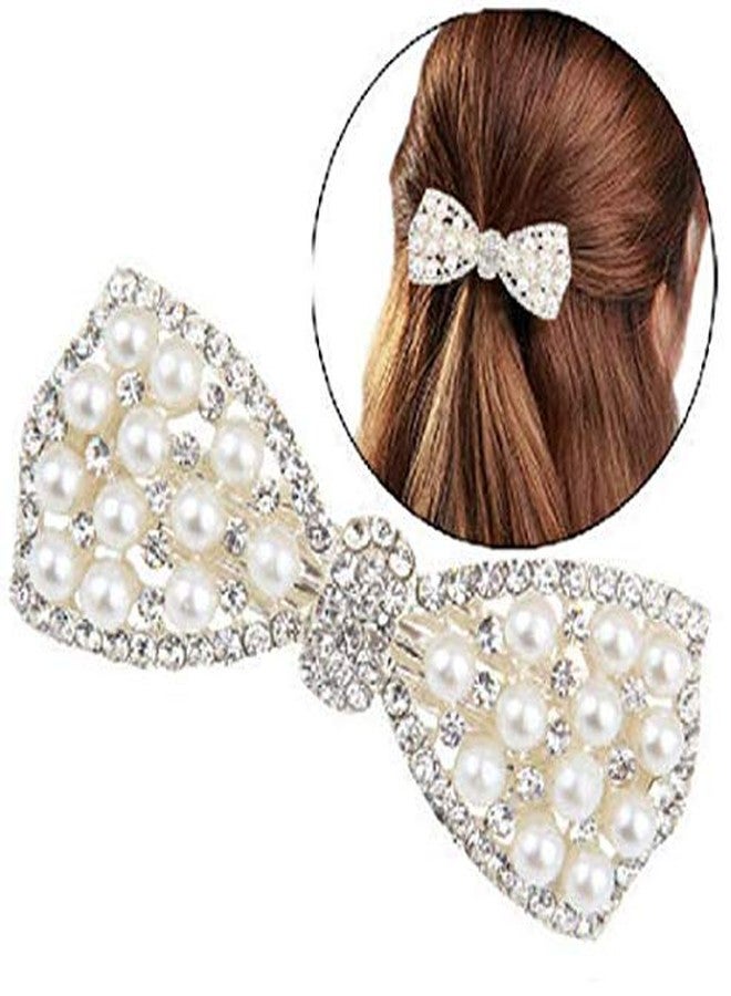 DNHCLL Pearl Bow Hairpin Set With Drill Water Drill Cross Pin Headdress Ponytail Clip for Womens(Silver) - Image 1