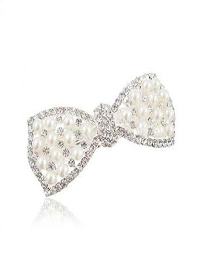 DNHCLL Pearl Bow Hairpin Set With Drill Water Drill Cross Pin Headdress Ponytail Clip for Womens(Silver) - Image 2