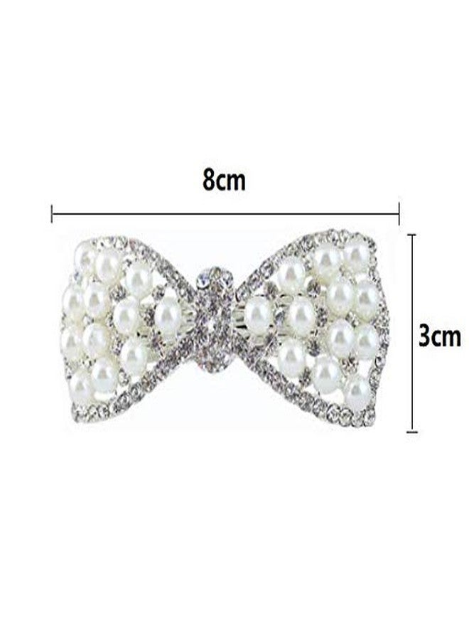 DNHCLL Pearl Bow Hairpin Set With Drill Water Drill Cross Pin Headdress Ponytail Clip for Womens(Silver) - Image 3