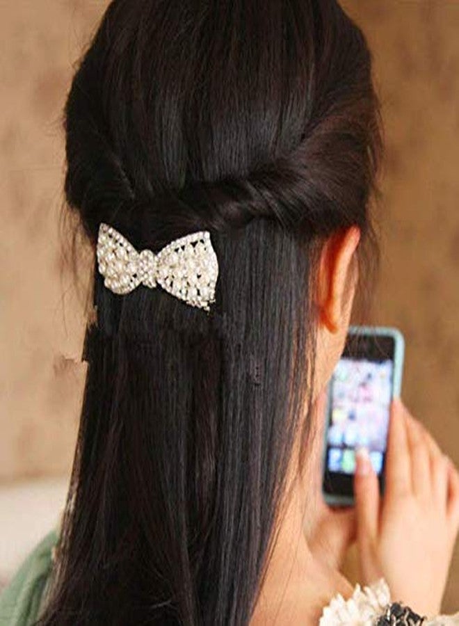 DNHCLL Pearl Bow Hairpin Set With Drill Water Drill Cross Pin Headdress Ponytail Clip for Womens(Silver) - Image 5