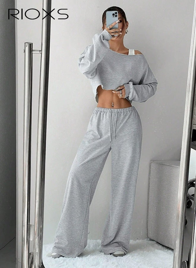 RIOXS 2 Pcs Men's Baggy Sweatpants, Straight Wide Leg Elastic Drawstring Waist Athletic Sweatpants with Pockets, Loose Fit Lounge Track Pants, Spring Fall Soft Breathable Sports Pants Workout Open Bottom Trousers, for Hiking, Runnig, Yoga, Biking, Daily Wear, Dark Grey + Light Grey - Image 3